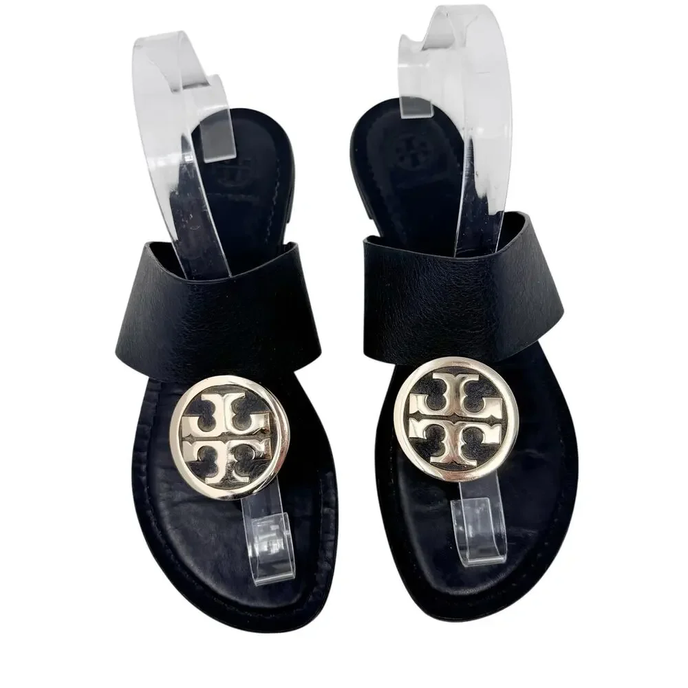 Tory Burch Benton Band Black Leather Logo Medallion Sandals 8